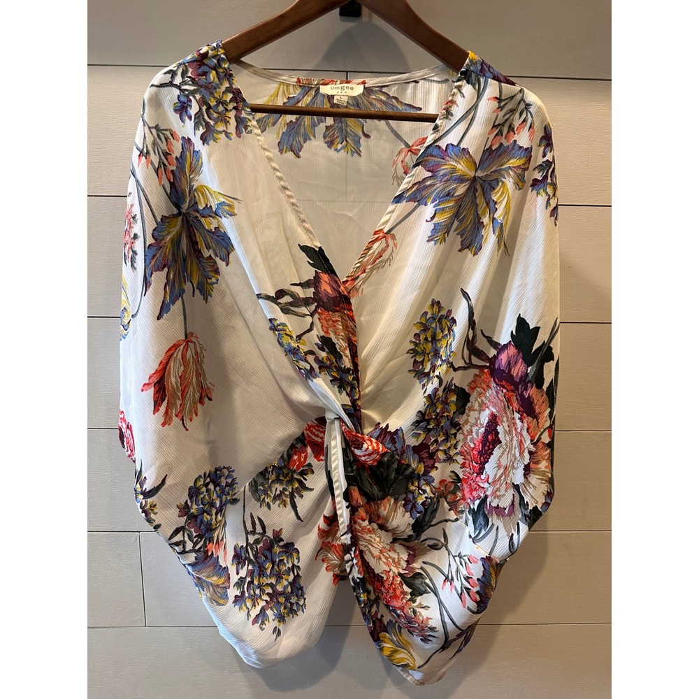 Umgee USA Floral Twist Front Kimono Blouse White Multi Dolman Sleeve Top A4278 L